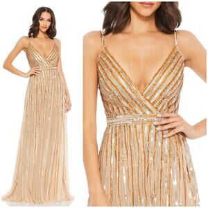 Mac Duggal NWT Sequined Beaded V-Neck Evening Dress Gold Nude Size 0 Maxi